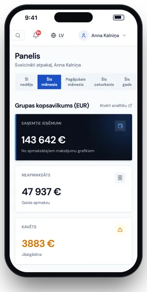 CRM panelis telefonā: saņemtie ieņēmumi, neapmaksātā un kavētā summa (parauga dati)
