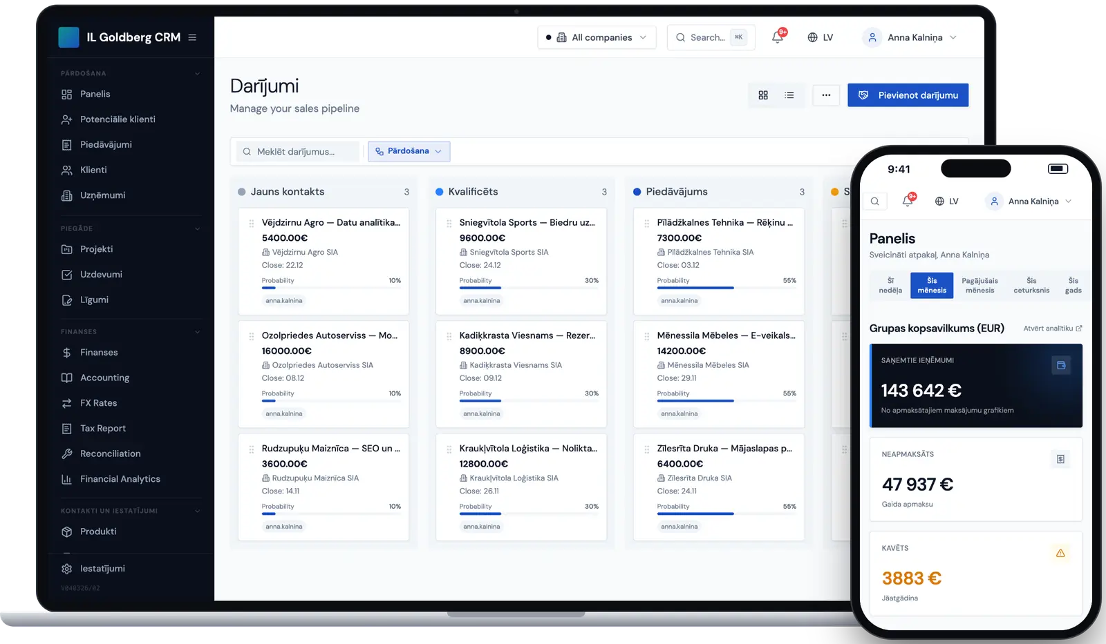 CRM sistēmas darījumu piltuve — darījumi pa posmiem, atbildīgie un summas