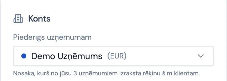 Klienta konts: izvēle, kurš no trim uzņēmumiem izraksta rēķinu šim klientam (parauga dati)