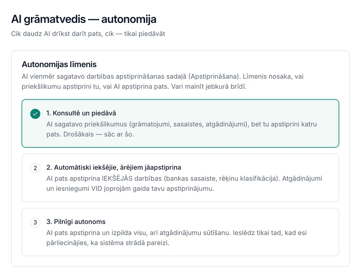 AI autonomijas iestatījumi: konsultē un piedāvā, automātiski iekšējie un pilnīgi autonoms līmenis (parauga dati)