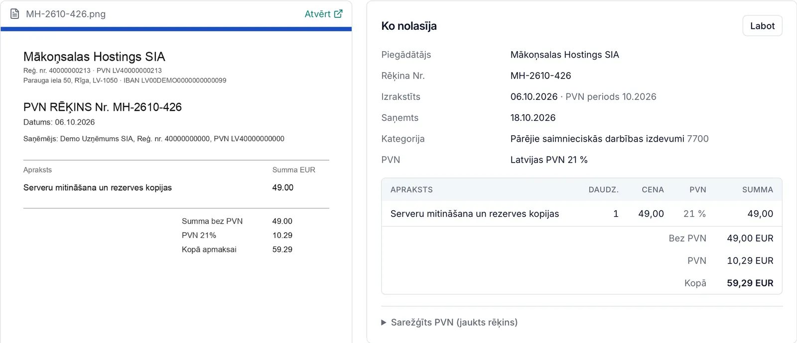 Ienākošais rēķins blakus panelim „Ko nolasīja“: piegādātājs, numurs, datumi, kategorija, PVN un summas (parauga dati)
