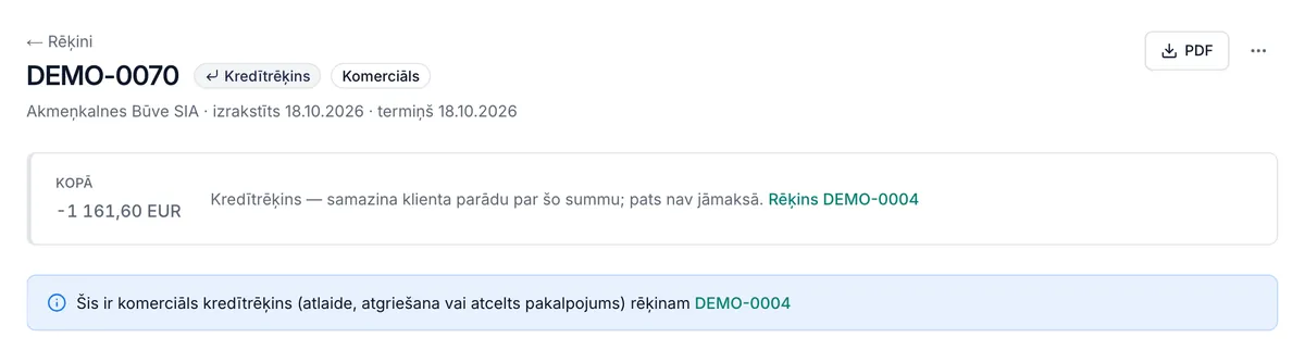 Komerciāls kredītrēķins, kas samazina klienta parādu un ir piesaistīts sākotnējam rēķinam (parauga dati)
