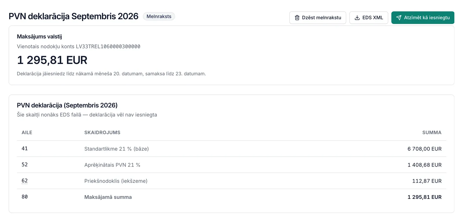 PVN deklarācija par mēnesi: ailes 41, 52, 62 un 80, maksājamā summa un poga EDS XML lejupielādei (parauga dati)