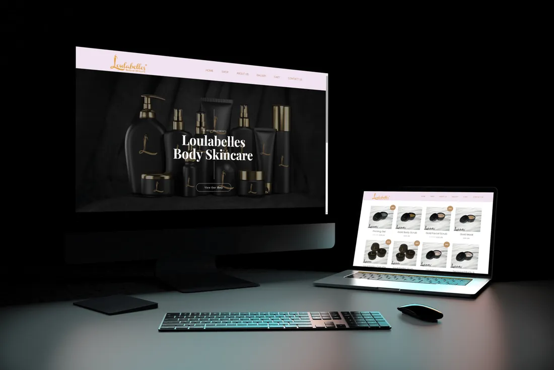 Lou Body Shop — e-komercijas mājas lapa, izstrādāta IL Goldberg Solutions, parādīta datora ekrānā