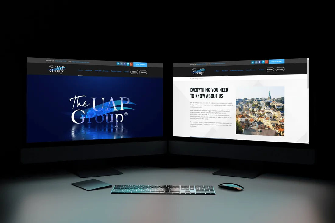 The UAP Group — starptautiskas grupas mājas lapa, izstrādāta IL Goldberg Solutions, parādīta datora ekrānā